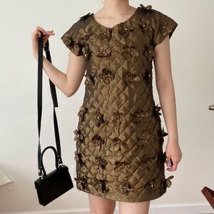 Mustard gold brown floral appliqué quilted mini dress